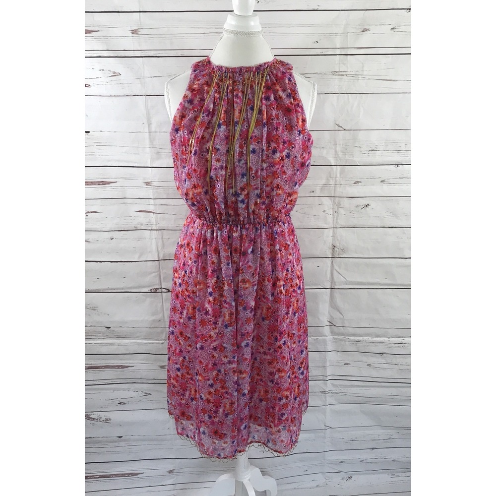 T Tahari A-Line Dress Pink Floral Sheath Chain Details Summer Size 12 NWT $148